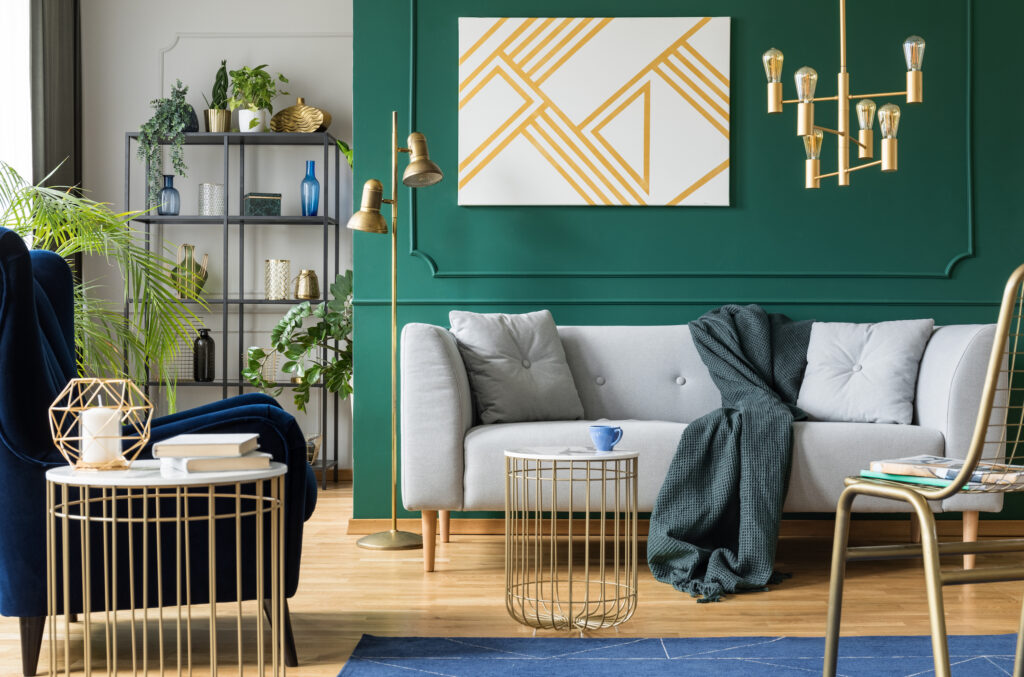 Picture of a living room with a green accent wall