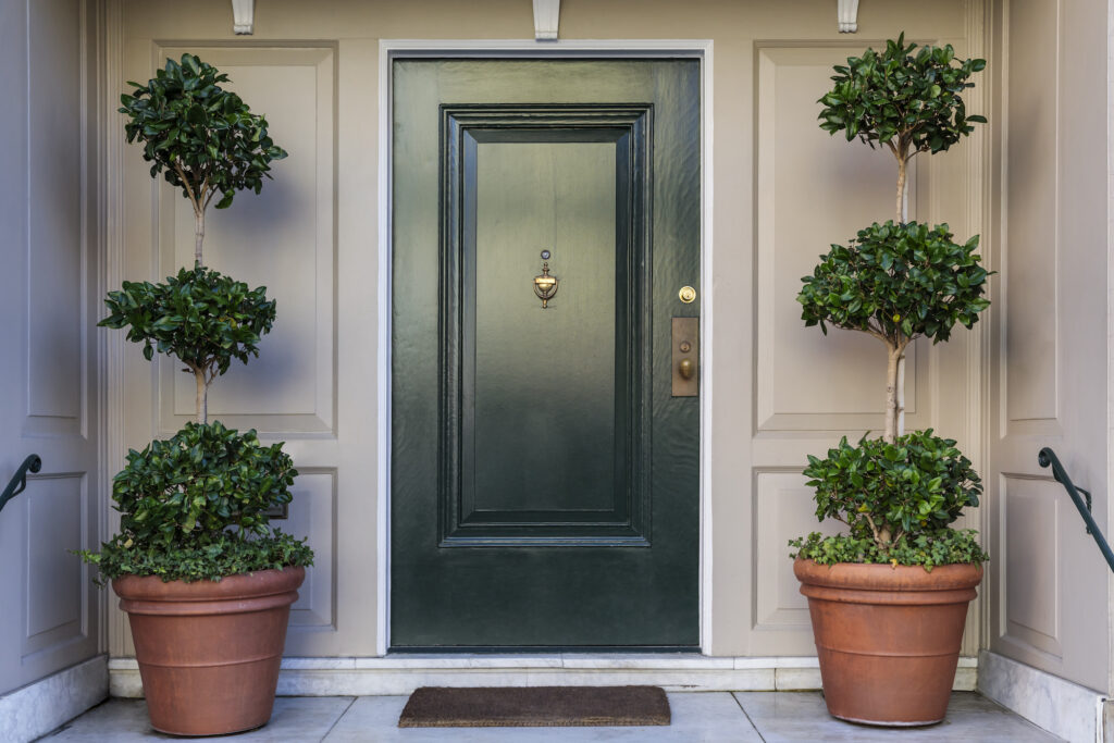 Picture of a dark green front door with plants on either side