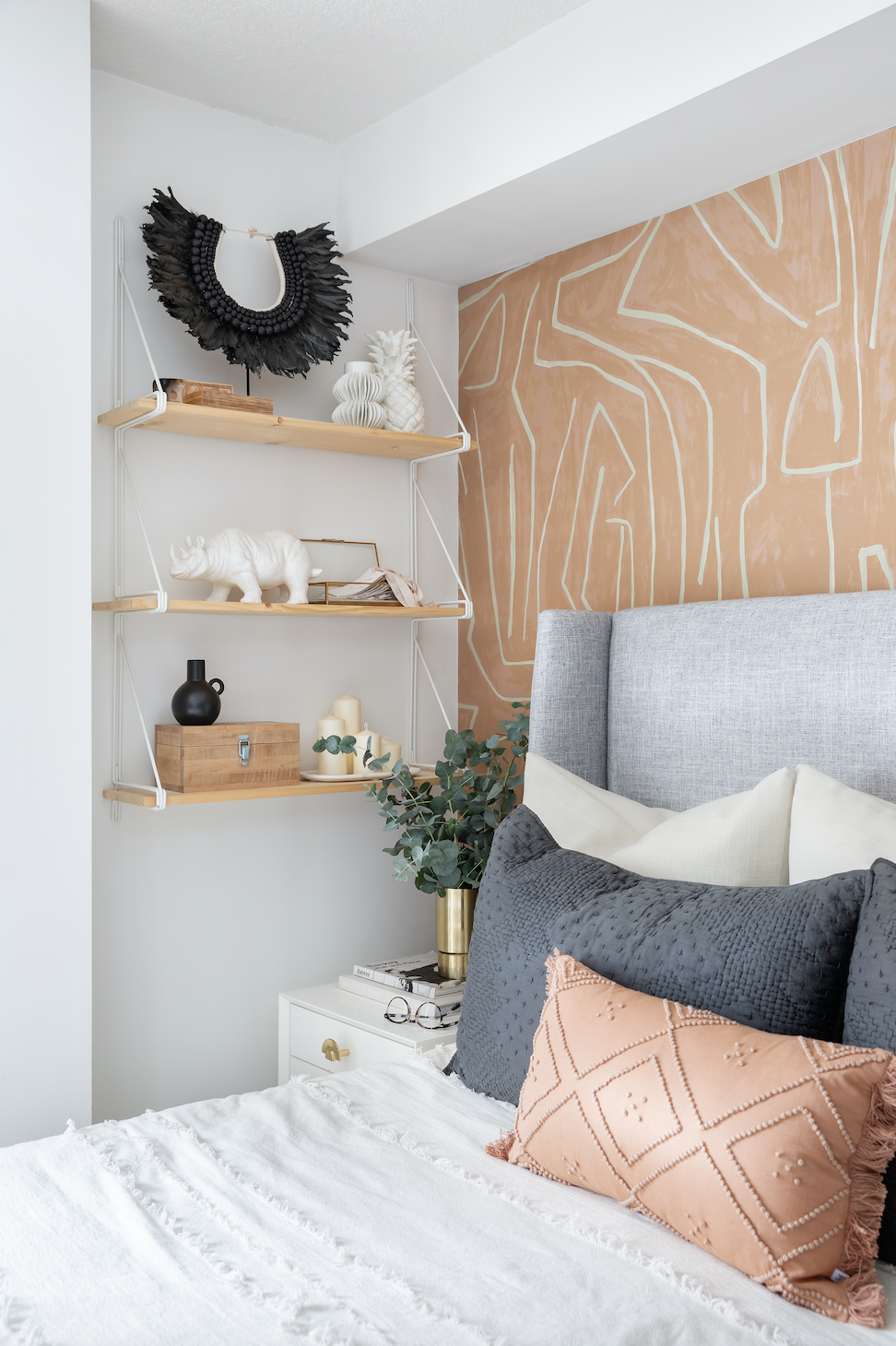 pink and gray bedroom, coral and white with gray accents